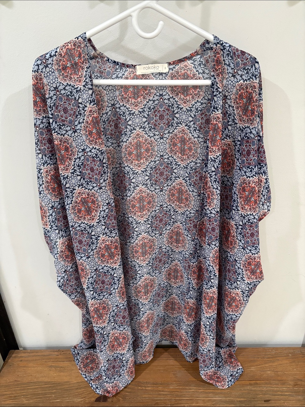 Rokoko Blue and Orange Medallion Print Open Kimono